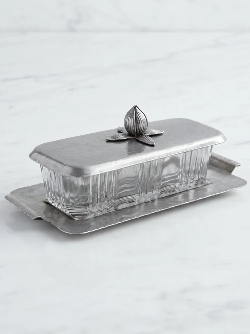 VTG Mid-Century Classic Hammered Metal Butter Dish w/ Glass Insert & Floral Lid
